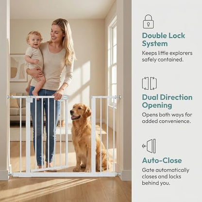Safety Gate for Stairs & Doorways, Auto-Close Baby Gate or Dog Gate – Pressure Mount No Drilling, 30" Tall All Metal Frame with Dual Locking System (White, 30" Tall 29"-43" Wide) - size: 30"Tall 29"-43" Wide