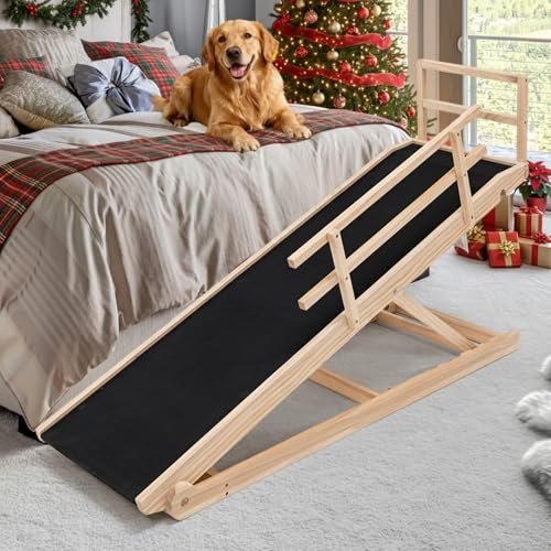 SLSY Dog Ramp for High Bed Couch, Folding Adjustable Pet Ramp with Non-Slip Rubber Mat, 62.9" Long, 5 Adjustable Heights 15.7''–31.4", Portable Step Supports Pets up to 250 lbs for Large Pet(Natural) - color: Natural, size: XL for 31.4''H Bed