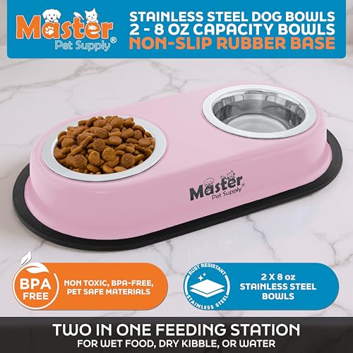 Master Pet Supply Double Dog Bowls Set with Elevated Base and 2 (8 oz) Stainless Steel Removable Dishes (Rose Quartz) – Double Cat Food Water Bowl, Dog Puppy Food Bowl Set, Rust Resistant - color: Rose Quartz