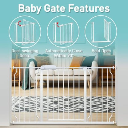 WAOWAO Baby Gate 74-85.9cm(29.2-33.8인치) 엑스트라 와이드 압력 장착 워크 스루 스윙 자동 닫힘 안전 화이트 메탈 유아 어린이 개 애완동물 강아지 계단, 출입구, 주방용 - color: 화이트., size: 29.13-33.86"/74-86cm