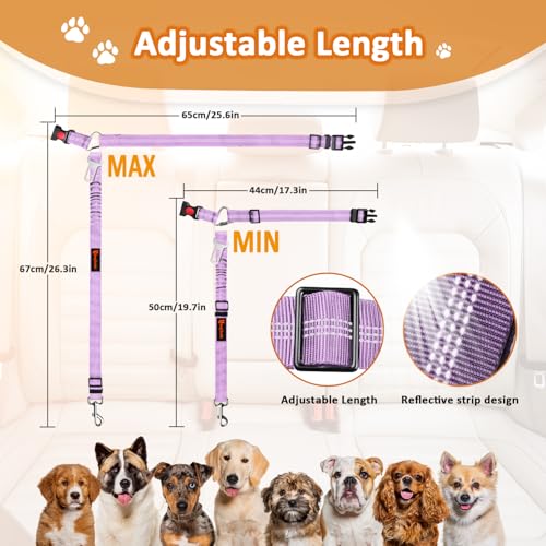 Removable Dog Seat Belt Harness for Car, 3 in 1 Pet Dog Car Seatbelt Leash, Retractable Restraint Secures to Vehicle Headrest & Adjustable Reflective Bungee Dog Seatbelt Tether, Purple - color: 2PCS Purple
