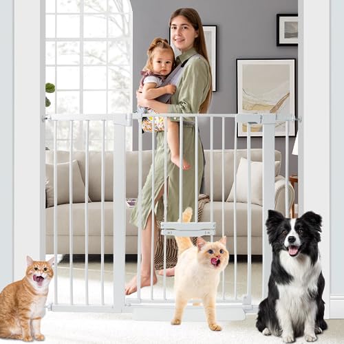 SHYUJAJIE 37 Inch Tall Baby Gate with Small Cat Door, Adjustable 29.55" and 46.06", Auto Close Safety Child Gate for Stairs, Doorway, House, Pressure Mounted - color: White, size: 37*46.06"