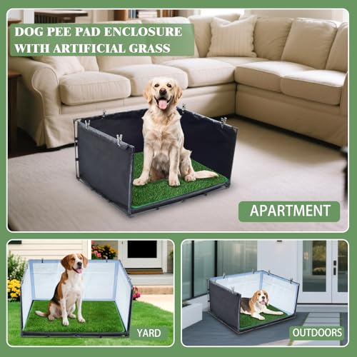 High Walls Dog Pee Pad Holder with Artificial Grass-Foldable Indoor Dog Potty Tray,Waterproof Pee Pad Holder for Small to Medium Dogs,Portable Litter Box with Washable Grass Mat 34.64"*28.34"*17.72"