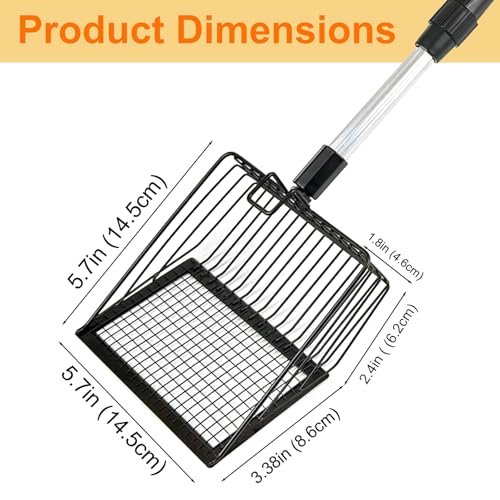 Cat Litter Scoop with Extendable Long Handle, 22.2"-42.5" No Bending Back Metal Kitty Litter Scoop, Large Non-Stick Wide Flat Head Heavy Duty Cat Pooper Scooper
