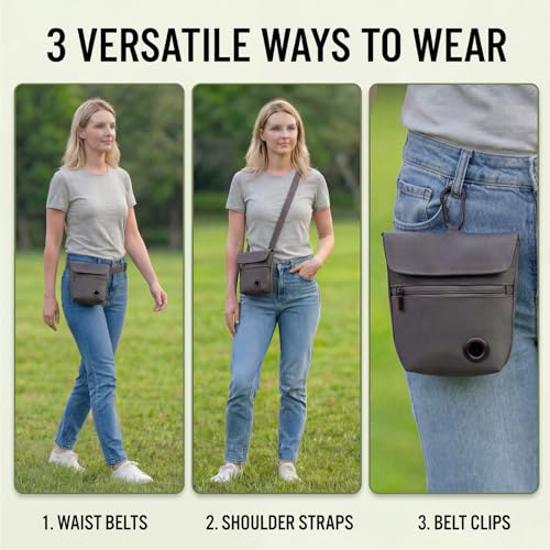Dog Treat Pouch and Dog Training Clicker, Treat Bag with Poop Bag Dispenser, Powerful Magenetic Clasp, Metal Clip Waist Belt Fanny Pack for Pet Walk Dog Training (Dark Grey) - color: Dark Grey
