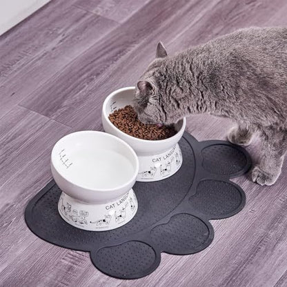 Ceramic Raised Cat Bowls | Tilted Elevated Bowl for Food and Water | Small Dog Bowl With Anti-Slip Silicone Pet Food Mat | 2 Pack Black Set - color: black