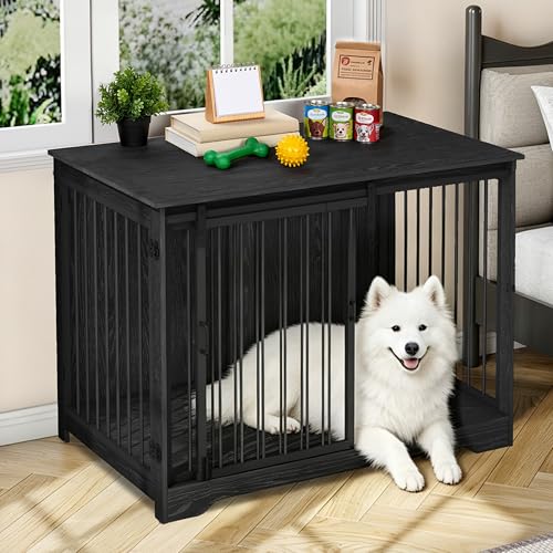 Hzuaneri 46.9" Dog Crate Furniture with Barn Door, Heavy Duty Dog Kennel Indoor with 2 Doors, Wooden Pet Cage End Table for Large Medium Dogs, Anti-Chew Anti-Escape, Black DFC93304B - color: Black, size: 46.9"L x 27.6"W x 34.7"H
