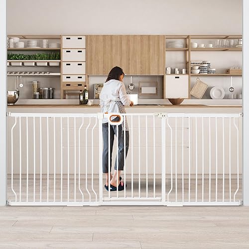 owlie Baby Gate Indoor 75-85 Inch, Extra Wide Safety Gate for Dogs Large Stairway Gate Adjustable Baby Gates Pressure Mount Wide Gates for Pet Stairway Doorways No Drilling White (30.5'' Tall) - color: White, size: Wide 75-85''