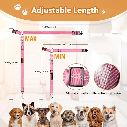 Removable Dog Seat Belt Harness for Car, 3 in 1 Pet Dog Car Seatbelt Leash, Retractable Restraint Secures to Vehicle Headrest & Adjustable Reflective Bungee Dog Seatbelt Tether, Pink - color: 2PCS Pink