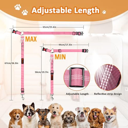 Removable Dog Seat Belt Harness for Car, 3 in 1 Pet Dog Car Seatbelt Leash, Retractable Restraint Secures to Vehicle Headrest & Adjustable Reflective Bungee Dog Seatbelt Tether, Pink - color: 2PCS Pink