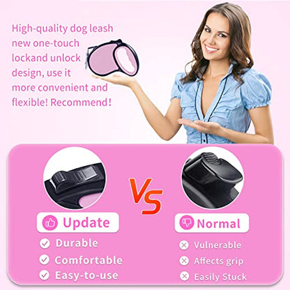 Retractable Dog Leash,[Strong Nylon Tape][One-Handed One Button Lock] for Small Medium Dogs and Cats,16ft Pet Walking Leash with 360°Tangle-Free Design,Anti-Slip Handle,Gift Package (Pink) - color: Pink