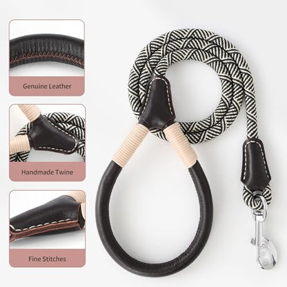 Mile High Life Dog Leash, Rope Leash with Genuine Leather Handle and Heavy Duty Metal Clasp, Great for Small Medium Large Dogs (Black Beige, 4FT) - color: Leather Handle-Black Beige, size: 48 Inch-1/2"