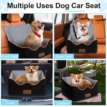 Dog Car Seat for Small/Medium Dogs Under 35lbs, Pet Booster Seat with 4In Memory Foam Cushion, Fully Detachable and Washable, Travel Dog Carseat with Storage Pocket and Safety Belt