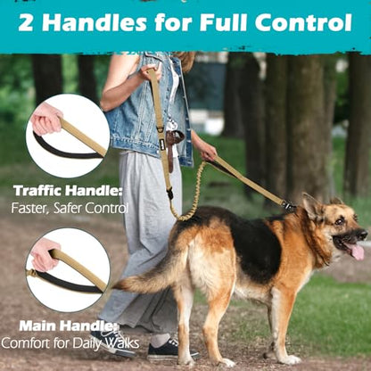PetBonus Heavy Duty Tactical Dog Leash, 5 FT Bungee Shock Absorption Leash with 2 Padded Handles, Quick Release Metal Clip, Car Seatbelt, No Pull Training Lead for Large Medium Dogs（Khaki） - color: Khaki
