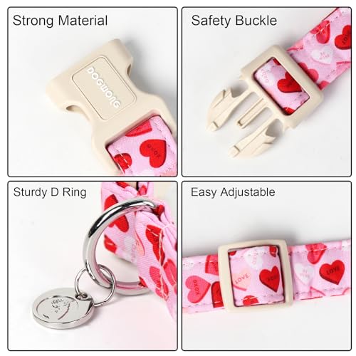 DOGWONG Valentine's Dog Collar - Pink Heart Adjustable Cotton Heart Dog Collar - Perfect for Small to Medium Dogs - color: A: Pink Letter Heart, size: X-Small