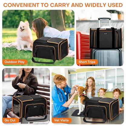 Pet Carrier, Large Soft Sided Expandable Travel Carrier with Steel Frame, Anti-Scratch Mesh, Removable Fleece Pad and Pockets for Cats, Dogs and Small Animals up to 15 lbs (Black, 4 Sides Expandable) - color: Black