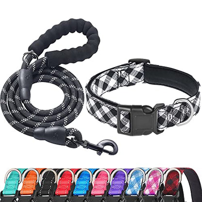 Ladoogo Reflective Dog Collar Padded with Soft Neoprene Breathable Adjustable Nylon Dog Collars for Small Medium Large Dogs (Small (Pack of 1), Black Plaid Collar+Leash) - color: Black Plaid Collar+Leash, size: Small (Pack of 1)