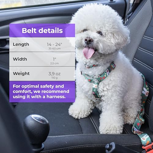 KIKI & RIKI Dog Car Seat Belt, Adjustable 14–24 in (36–61 cm), Premium Nylon Safety Tether, Universal Buckle Clip, Durable Vehicle Restraint Strap, Green (Berry Forest)