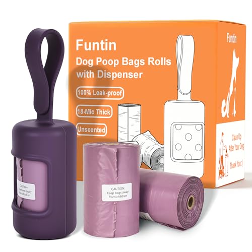 Funtin Dog Poop Bags, 60ct Unscented 13"x9" Leak Proof 1.8mil Extra Thick Strong Waste Bag Refill Rolls with Dispenser (Pruple & 60-Bags) - color: Pruple & 60-Bags