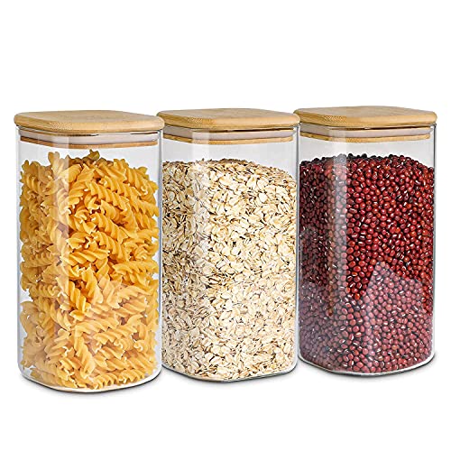 ComSaf 1.6 Qt Square Glass Jars with Bamboo Lids Set of 3, Space-Saving Glass Pantry Storage Containers, Airtight Clear Glass Storage Containers with Wide 3.9" Mouth for Coffee, Sugar, Short Pasta - size: 1.6Qt*3