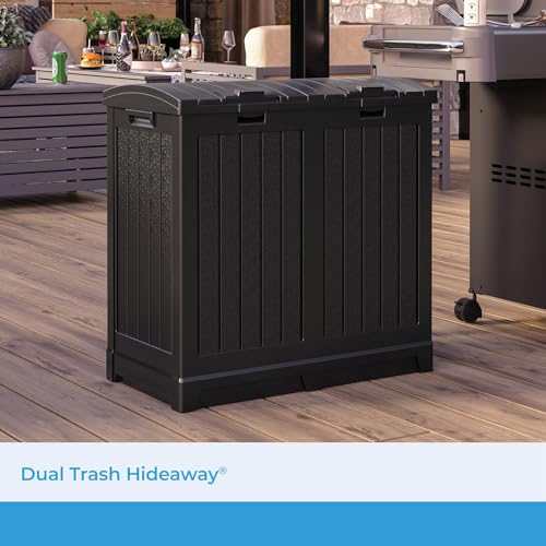 Suncast Dual Trash Hideaway Cabinet for Garbage and Recycle Bags, Discrete Outdoor Trash Cabinet with Concealed Trash Bag Holders, Holds Two 33-Gal. Bags, Made in the USA - color: Black
