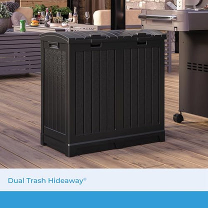 Suncast Dual Trash Hideaway Cabinet for Garbage and Recycle Bags, Discrete Outdoor Trash Cabinet with Concealed Trash Bag Holders, Holds Two 33-Gal. Bags, Made in the USA - color: Black