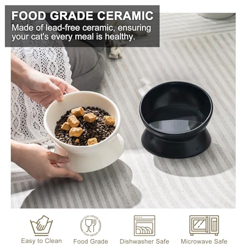 YauYik Ceramic Raised Cat Bowl - Cat Food Bowl Elevated Tilted for Short Leg Cats and Small Dogs - 6 Inches Whisker Friendly Pet Bowl Dish, Reduce Neck Burden Feeding Bowl, Black, 10 Oz