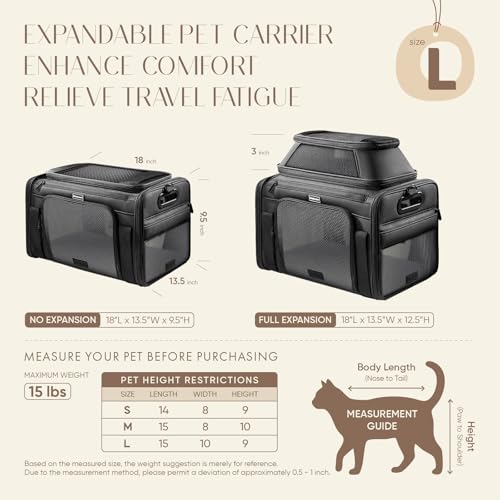 Top-Expandable Pet Carrier with Treat & Pet Window,18x13x9.5 Inch Southwest Frontier Airline Approved,Soft-Sided Dog Carrier for Small Dogs and Cats,Travel Cat Carrier with Locking Safety Zippers - color: Black, size: 18.0"L x 13.5"W x 9.5"H