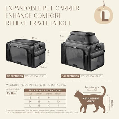 Top-Expandable Pet Carrier with Treat & Pet Window,18x13x9.5 Inch Southwest Frontier Airline Approved,Soft-Sided Dog Carrier for Small Dogs and Cats,Travel Cat Carrier with Locking Safety Zippers - color: Black, size: 18.0"L x 13.5"W x 9.5"H