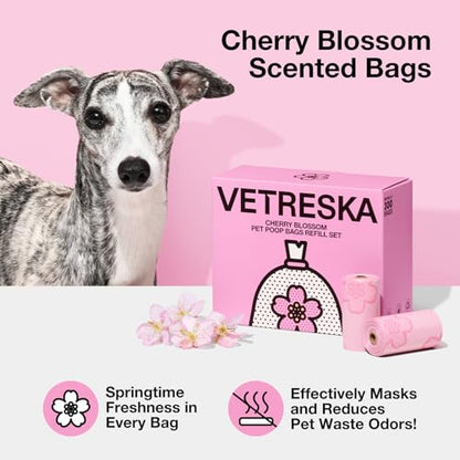 VETRESKA Cherry Blossom Scented Dog Poop Bags, Leak Proof, Extra Thick and Large Pet Waste Bags for Dog Walking and Cat Litter, 20 Refill Rolls, 300 Bags, Pink - size: 1 Count (Pack of 300), style: Cherry Blossom