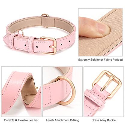 WHIPPY Leather Dog Collar for Small Medium Large Dog Adjustable Soft Breathable Leather Padded Puppy Collar with Alloy Buckle Heavy Duty Waterproof Classic Dog Pet Collar,Pink,M - color: pink, size: M:14" - 17"(0.98"width)