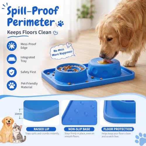 2-in-1 Dog Slow Feeder and Lick Ball Bowl, Interactive Puzzle Anti-Choking Pet Slow Eating Bowl with Treat Licking Rolling Ball, Spill-Proof Silicone Mat Feed Station for Dogs and Cats- Sky Blue