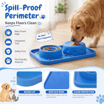 2-in-1 Dog Slow Feeder and Lick Ball Bowl, Interactive Puzzle Anti-Choking Pet Slow Eating Bowl with Treat Licking Rolling Ball, Spill-Proof Silicone Mat Feed Station for Dogs and Cats- Sky Blue