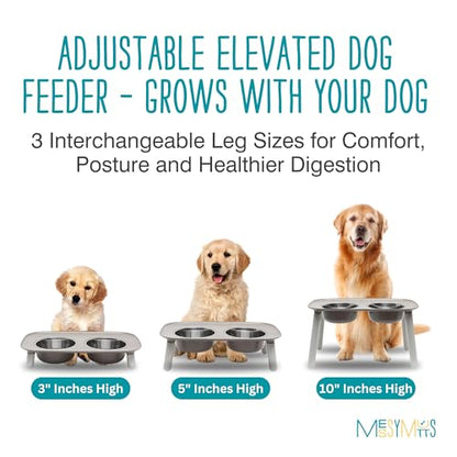Messy Mutts Elevated Double Feeder with Stainless Bowls | Adjustable Height 3”, 5”, or 10” | Adjustable Standing Feeder for Dogs | 5 Cups per Bowl | Dark Grey - color: Dark Grey