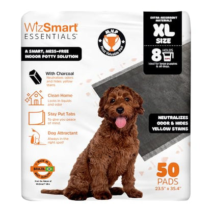 WizSmart Essentials Charcoal XL Training Pads 50 Count – XL Absorbent Puppy & Dog Potty Pads with Odor Control, Leak Resistant Floor Protection, Stay Put Tabs for Crate, Kennel, Indoor Use