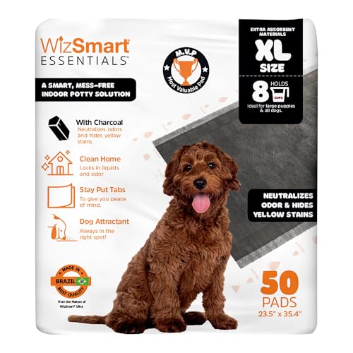 WizSmart Essentials Charcoal XL Training Pads 50 Count – XL Absorbent Puppy & Dog Potty Pads with Odor Control, Leak Resistant Floor Protection, Stay Put Tabs for Crate, Kennel, Indoor Use
