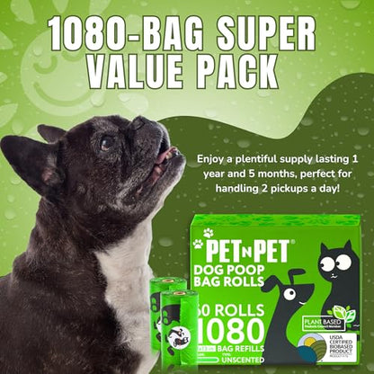 Pet N Pet 1080 Counts Green Poop Bags for Dogs, 41% Plant Based & 59% PE Extra Thick Dog Poop Bags Rolls, 9" x 13", Unscented Pet Waste Bag - size: 1 Count (Pack of 1080), style: Unscented - Green