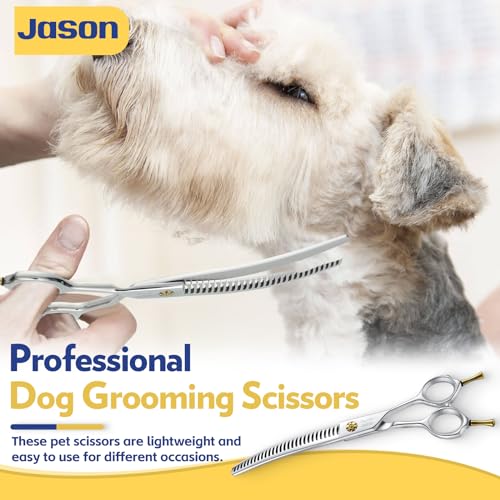 JASON 7" Dog Grooming Shears - Professional Down-curved Chunker Shears with 60%-65% Thinning Rate, Japanese 440C Stainless Steel Dog Grooming Chunkers with Adjustable Screw (28 Teeth, Silver) Gift - style: Down-curved Chunker