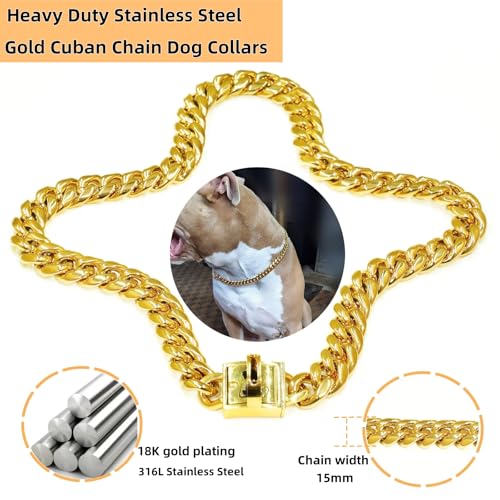 Heavy Duty Cuban Link Chain Dog Collars 15MM Gold/Silver Stainless Steel Metal Walking Training Collars with Cute Secure Design Buckle, Chew Proof, for Large Medium Small Dogs (Gold, 20'') - color: Gold, size: 20inches