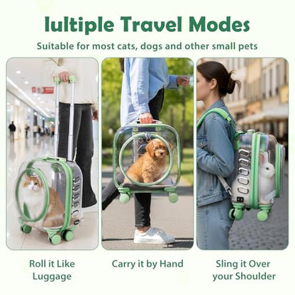 Cat Carrier with Wheels & Detachable Strap – Rolling Pet Trolley with Telescopic Handle, Transparent Hard Shell, Silent Wheels, Ventilated Design for Travel, Walking, Vet Visits for Small - color: Green
