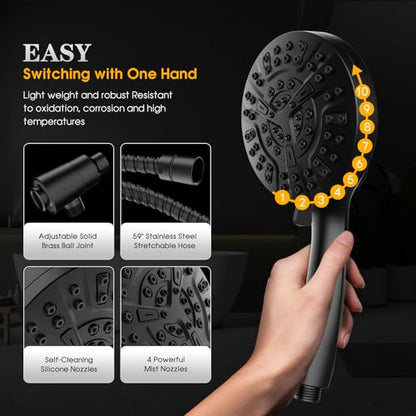 High Pressure 10 Ways Handheld Shower Head Matte Black- Anti-clog Nozzles, Built-in Power Wash to Clean Tub, Wall & Overhead Brackets,Magnetitc Rainfall Shower Wand,Built-in 2 Power Jet - color: Black