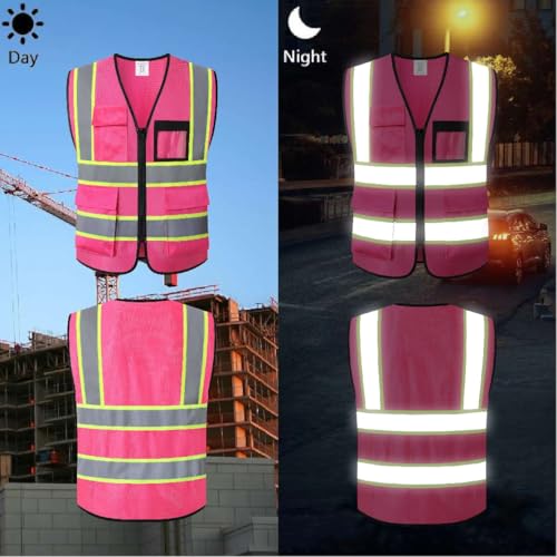 Reflective Safety Vest for Men Women Hi Vis Vest with 8 Pockets High Visibility Mesh Reflective Vest Meets ANSI/ISEA Standards (Pink-07,Medium) - color: Pink, size: Medium