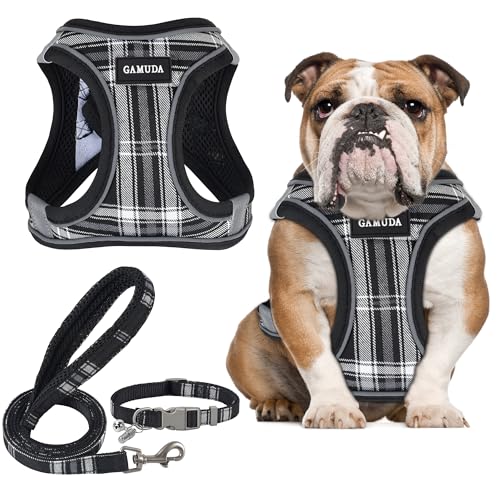GAMUDA Small Dog Harness Collar and Leash Set, Step in No Chock No Pull Soft Mesh Adjustable Dog Vest Harnesses Plaid Reflective for Dogs Puppy Cats Kitten Rabbit (Black, L) - color: Black, size: L
