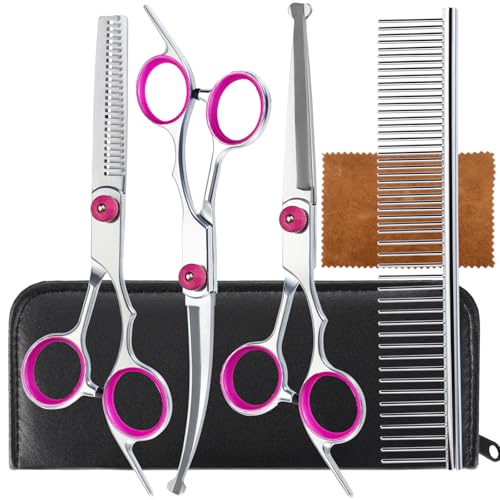 5 in 1 Premium Dog Grooming Scissors, Professional Dog Scissors for Grooming with Safety Round Tips, Lengnoyp Stainless Steel Thinning Shears, Pet Cat Shears for Grooming Kit, Pink - color: Black