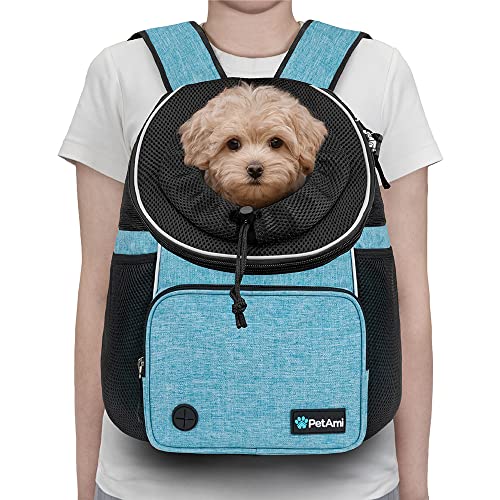 PetAmi Adjustable Cat & Dog Chest Carrier Backpack, Ventilated for Hiking & Camping, Max 15 lbs, Teal Blue - color: Teal Blue, size: Large (15.5x9x18)