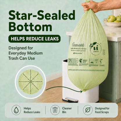 UNNI Compostable Trash Bags, 8 Gallon / 30 Liter, 50 Count, Extra Thick 0.85 mil Medium Kitchen Food Scrap Bin Liners, Certified by BPI, CMA & OK compost HOME, Meets the ASTM D6400 Standard - size: 50 Count (Pack of 1), style: 8 Gallon