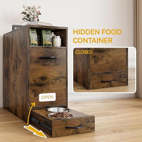DWVO Dog Feeding Station with Storage, Dog Food Cabinet with 2 Feeder Bowls, Pull Out Elevated Dogs Bowl, Rustic Brown - color: Brown, size: 1 PCS