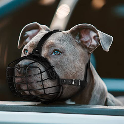 Pitbull Dog Muzzle Metal Mask Amstaff Secure Wire Basket Adjustable Durable Leather Straps for Large Dogs (Black) - color: Black