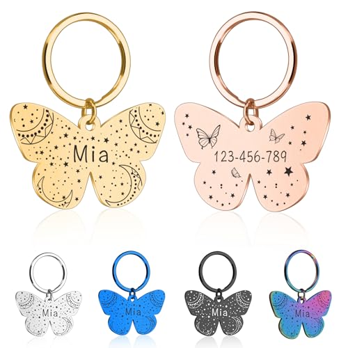 Butterfly Stainless Steel Pet ID Tags - Dog Tags Personalized for Pets, Customized Dog Collar with Name Plate Pendant, Multicolor Dog Name Tags for Small Large Dogs Cats, Front and Back Engraving