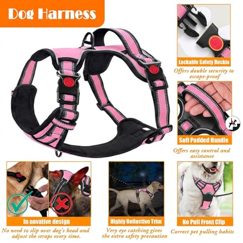 LOBEVE No Pull Dog Harness, Collar & Leash Set | Includes Dog Seat Belt, Collapsible Bowls & Poop Bag Dispenser. Ideal for Training, Walking, Hiking. Fits Small to Large Dogs(Pink-L) - color: Pink, size: Large